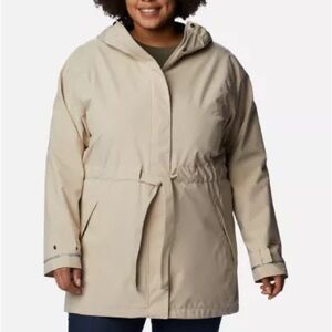 Tan waterproof trench coat with hood and waist cinch